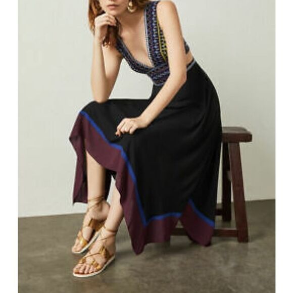 BCBGMaxAzria Boho Embroidered Handkerchief Midi Dress Black 0 - Picture 9 of 13